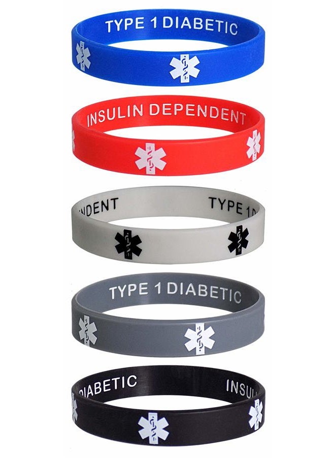 Max Petals Type 1 Diabetic Insulin Dependent Medical Alert ID Privacy Enhanced Silicone Bracelets Wristbands 5 Pack - Image 1