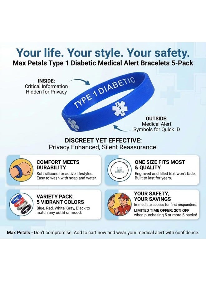 Max Petals Type 1 Diabetic Insulin Dependent Medical Alert ID Privacy Enhanced Silicone Bracelets Wristbands 5 Pack - Image 2