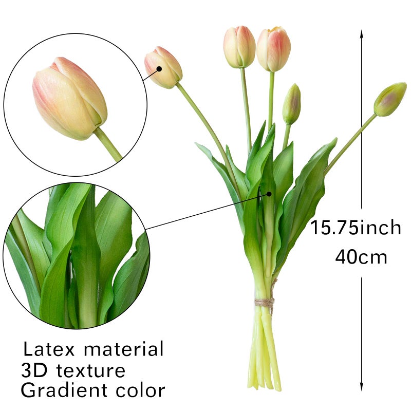 DUYONE 15pcs Artificial Tulips Flowers, Latex Bouquet, Fake Tulips for Office Wedding Party Home Kitchen Garden Decoration-B Pink Champagne - Image 2
