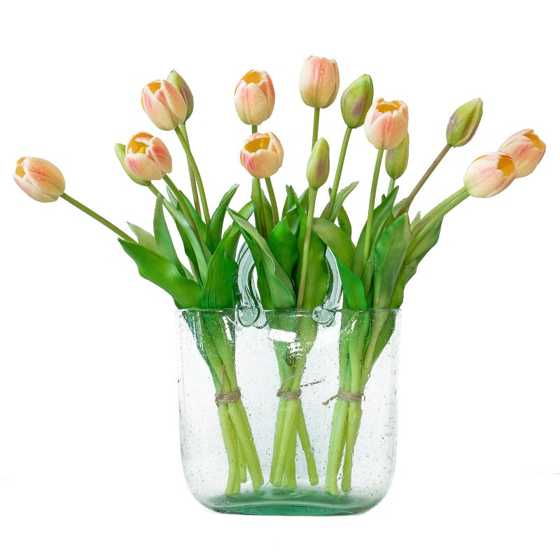 DUYONE 15pcs Artificial Tulips Flowers, Latex Bouquet, Fake Tulips for Office Wedding Party Home Kitchen Garden Decoration-B Pink Champagne - Image 1