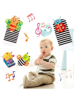 Rokigo Baby Wrist Rattle Foot Finder Socks 4Pcs,Newborn Sensory Learning Toys for 0-3-6-12 Months, JOMWEN Cartoon Animal Rattles Tummy Time Toy Gift for Baby Boy Girl, Hand Bracelet Rattle Foot Socks-Bees  - Image 1