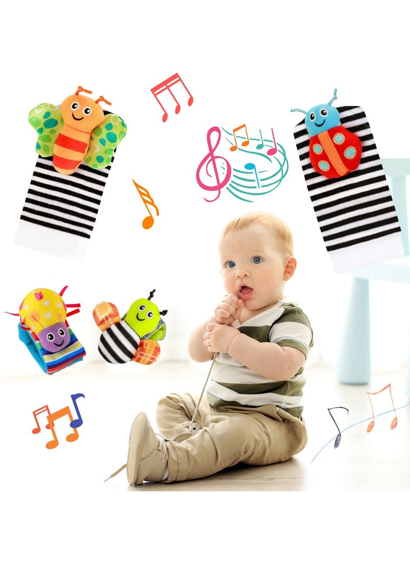 Rokigo Baby Wrist Rattle Foot Finder Socks 4Pcs,Newborn Sensory Learning Toys for 0-3-6-12 Months, JOMWEN Cartoon Animal Rattles Tummy Time Toy Gift for Baby Boy Girl, Hand Bracelet Rattle Foot Socks-Bees  - Image 1