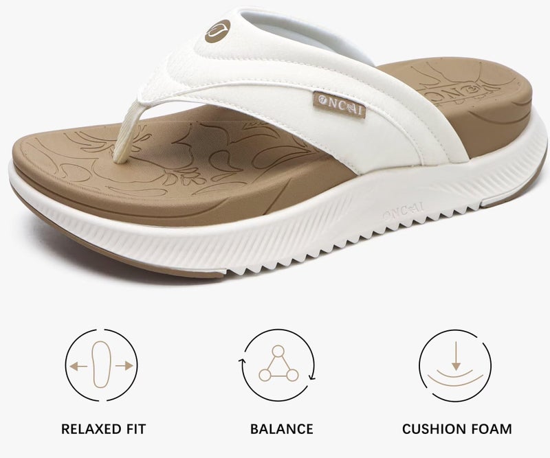 ONCAI Orthopedic Flip Flops Women with Arch Support Ladies Orthotic Recovery Sandals 2025 Comfortable Plantar Fasciitis Slip On Walking Sandal for Womans Indoor Casual Summer BeigeWhite Size 9.5 - Image 4