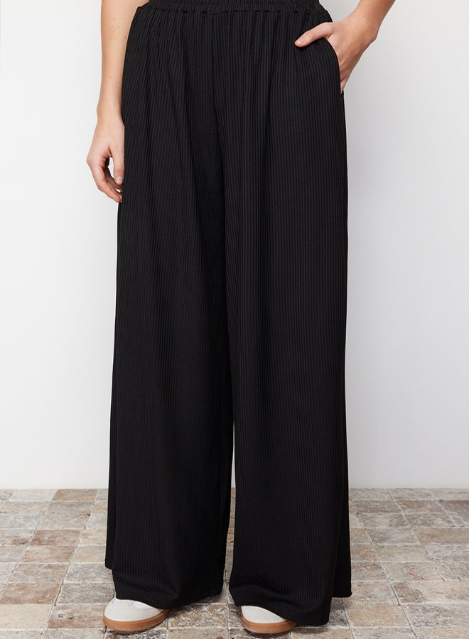 trendyol Black Wide Leg Ribbed Flexible Knitted Trousers - Image 4