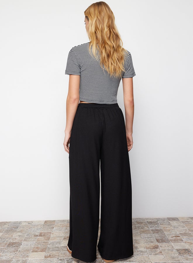 trendyol Black Wide Leg Ribbed Flexible Knitted Trousers - Image 5