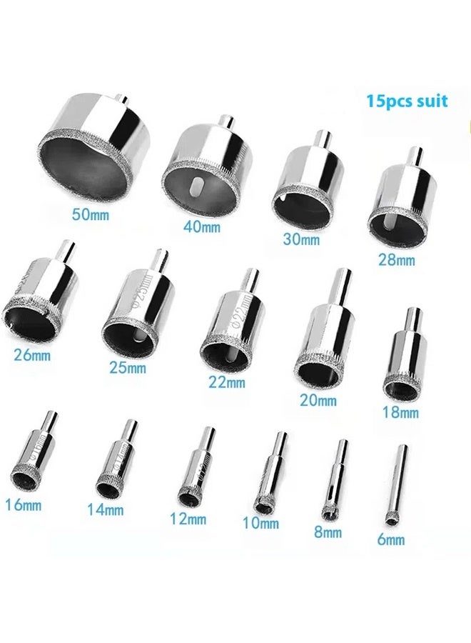 yongsheng 15-Piece Diamond Hole Saw Drill Bit Set (6, 8, 10, 12, 14, 16, 18, 20, 22, 25, 26, 28, 30, 40, 50)mm，Diamond Hole Saw Tile Drill Bits 15 Pcs 6-50mm Hollow Extractor Remover Set Tools with Diamond Coating, Ceramics, Porcelain, Marble, Carbon Steel, Glass  - Image 3