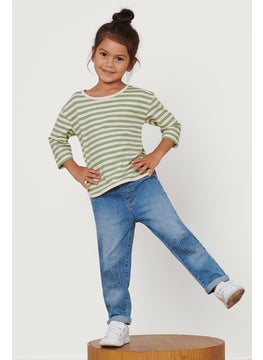Tchibo Kids Girl Crew Neck Long Sleeves Stripped T-Shirt, Sage Green/White  - Image 1