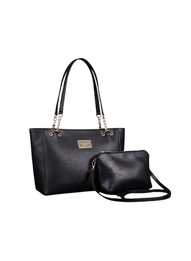 "KANAZ Women’s Handbag Set 2PCS – Large Black Tote Shoulder Bag with Matching Crossbody Purse, Elegant PU Leather Ladies Work Shopping Travel Handbag Set, Fashonitallady " - Image 1