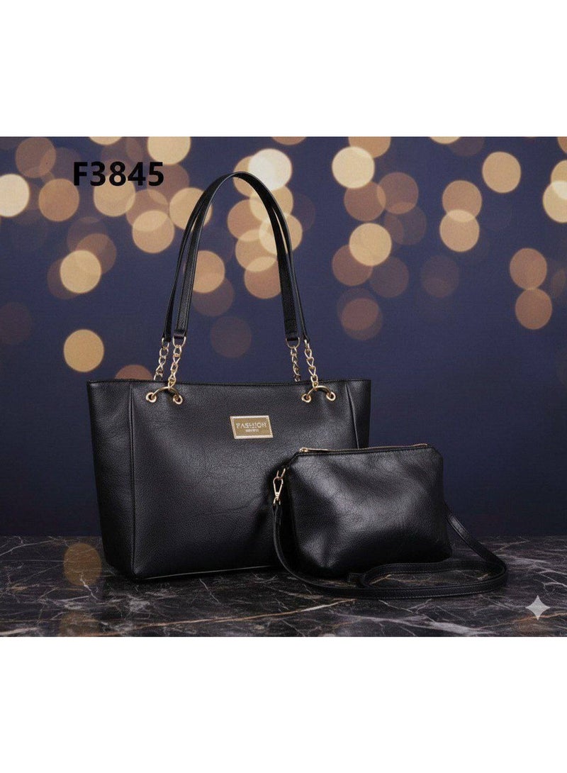 "KANAZ Women’s Handbag Set 2PCS – Large Black Tote Shoulder Bag with Matching Crossbody Purse, Elegant PU Leather Ladies Work Shopping Travel Handbag Set, Fashonitallady " - Image 2