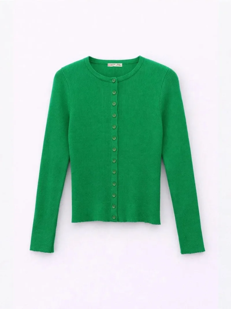 MixRay Mixray Buttoned Slim Fit Ribbed Knit Cardigan