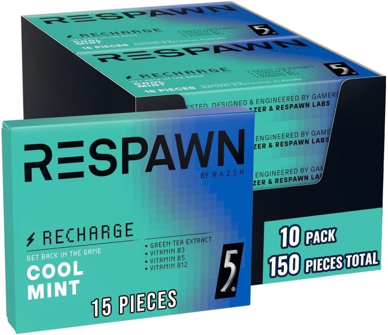 RESPAWN by Razer Recharge Chewing Gum Sugar-Free, Cool Mint Flavor, 10 Pack Bulk Box - Image 1