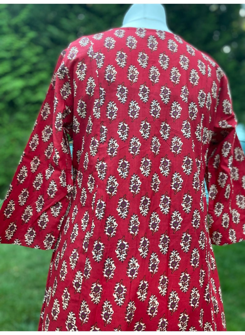 Red Floral A-Line Midi Dress, Round Neck, 3/4 Sleeves - Image 3