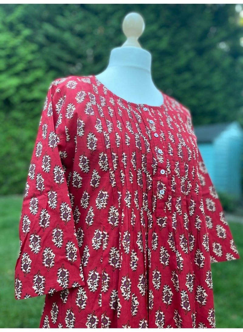 Red Floral A-Line Midi Dress, Round Neck, 3/4 Sleeves - Image 2
