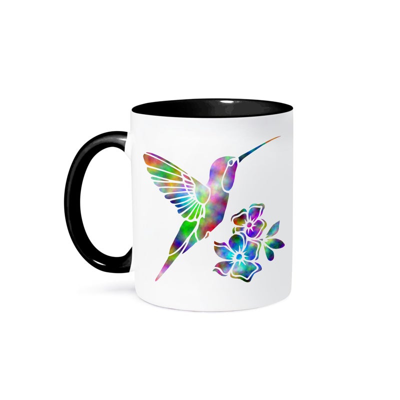 3dRose mug_220824_4 Rainbow Tie Dye Hummingbird and Flowers Two Tone Black Mug 11oz