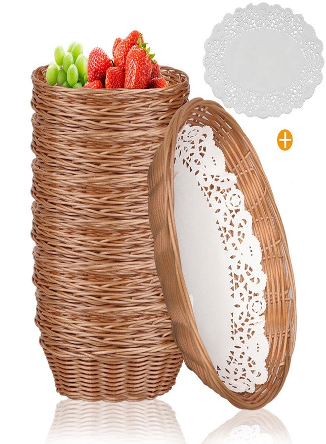 Yimerlen 12 Pcs Oval Small Plastic Bread Basket, Wicker Basket for Serving 2.36x9x6.4 Inch Woven Food Storage Basket, Fruit Basket, Gift Basket (Comes with Food Blotting Sheets) Brown - Image 1
