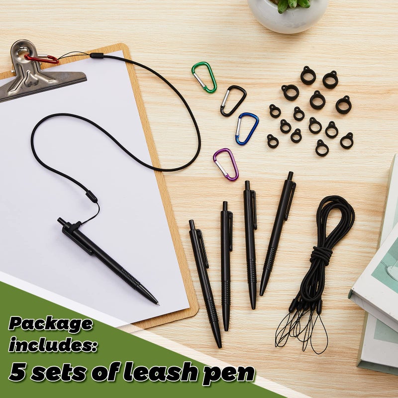 Lewtemi 5 Sets 24 Inch Pen Leash Tether for Clipboard Lanyard Holder Anti-Lost Pen Holder with Silicone Ring, Stylus Tether for Tablet Pens for Office Warehouse Supplies(Black, Classic Style) - Image 3