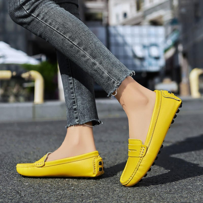 Artisure Women's Classic Comfort Yellow Leather Penny Loafers Casual Slip-Ons Lightweight Walking Flats Driving Mocs Boat Shoes 8 M US - Image 3