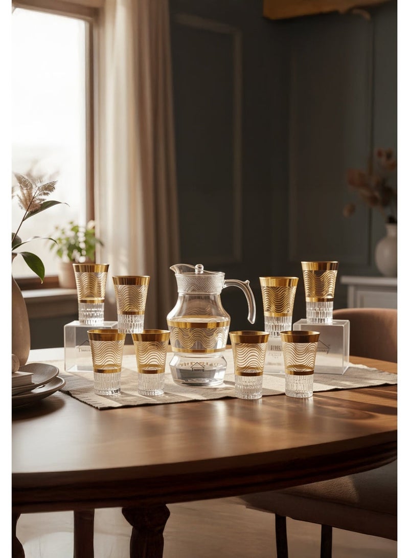 Timmy Glassware Set 220ml Goblets with 1620ml Jug - Gold Decorative Premium Beverage Serving Collection - High-Quality Glass Pitcher and Stemware Set for Hosting, Events and Home Dining Use - Image 5