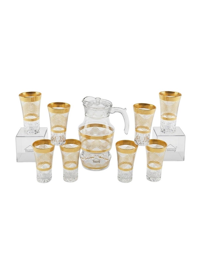 Timmy Glassware Set 220ml Goblets with 1620ml Jug - Gold Decorative Premium Beverage Serving Collection - High-Quality Glass Pitcher and Stemware Set for Hosting, Events and Home Dining Use - Image 1