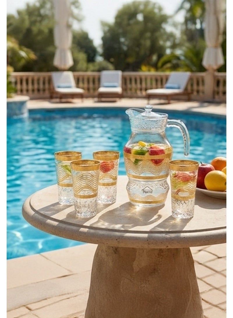 Timmy Glassware Set 220ml Goblets with 1620ml Jug - Gold Decorative Premium Beverage Serving Collection - High-Quality Glass Pitcher and Stemware Set for Hosting, Events and Home Dining Use - Image 3