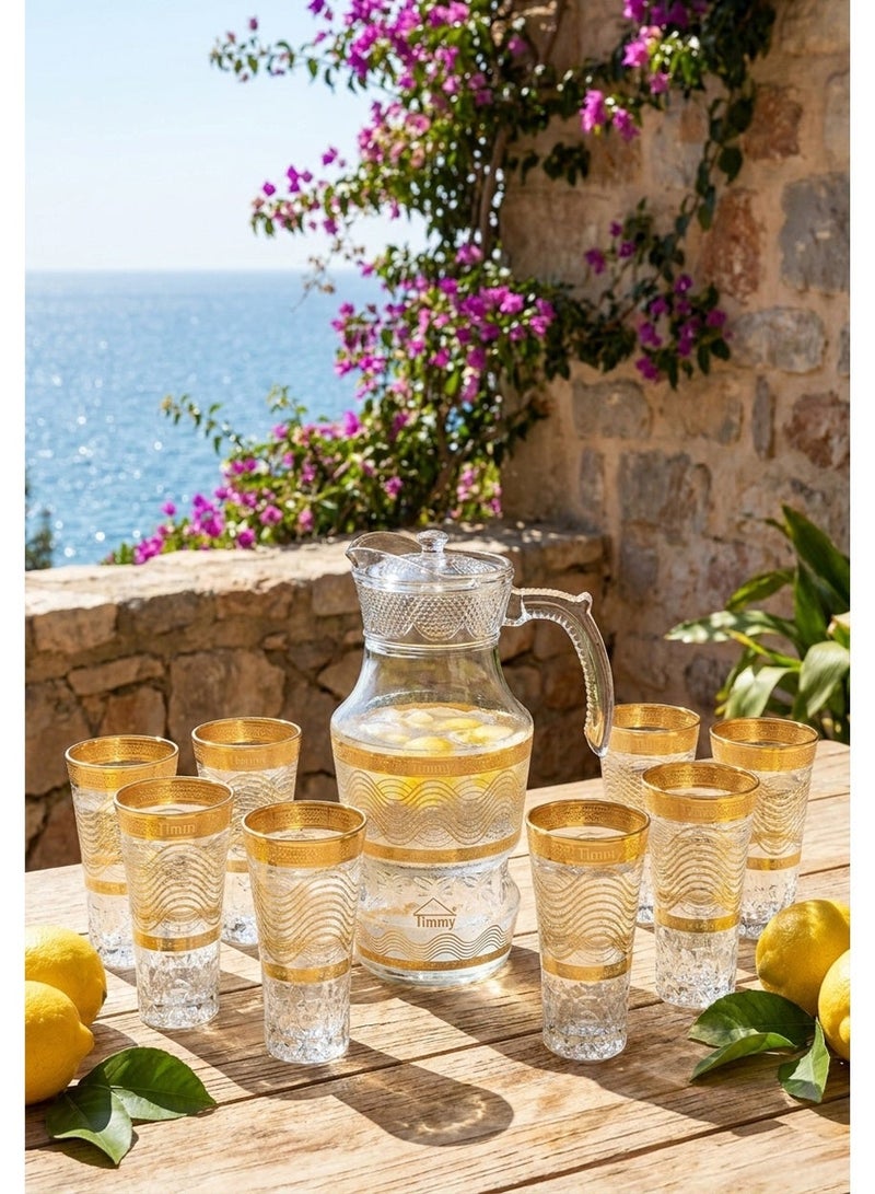Timmy Glassware Set 220ml Goblets with 1620ml Jug - Gold Decorative Premium Beverage Serving Collection - High-Quality Glass Pitcher and Stemware Set for Hosting, Events and Home Dining Use - Image 4