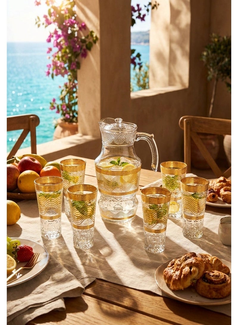 Timmy Glassware Set 220ml Goblets with 1620ml Jug - Gold Decorative Premium Beverage Serving Collection - High-Quality Glass Pitcher and Stemware Set for Hosting, Events and Home Dining Use - Image 2