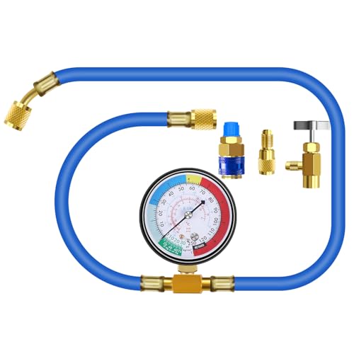 JIFETOR AC Charge Hose with Gauge for R134A, Car HVAC Refrigerant Recharge Kit, Home Air Conditioning U Charging Hose Low Pressure Meter 1/4 inch Fittings Can Tap Quick Coupler Adapter, 42 inch Long - Image 1