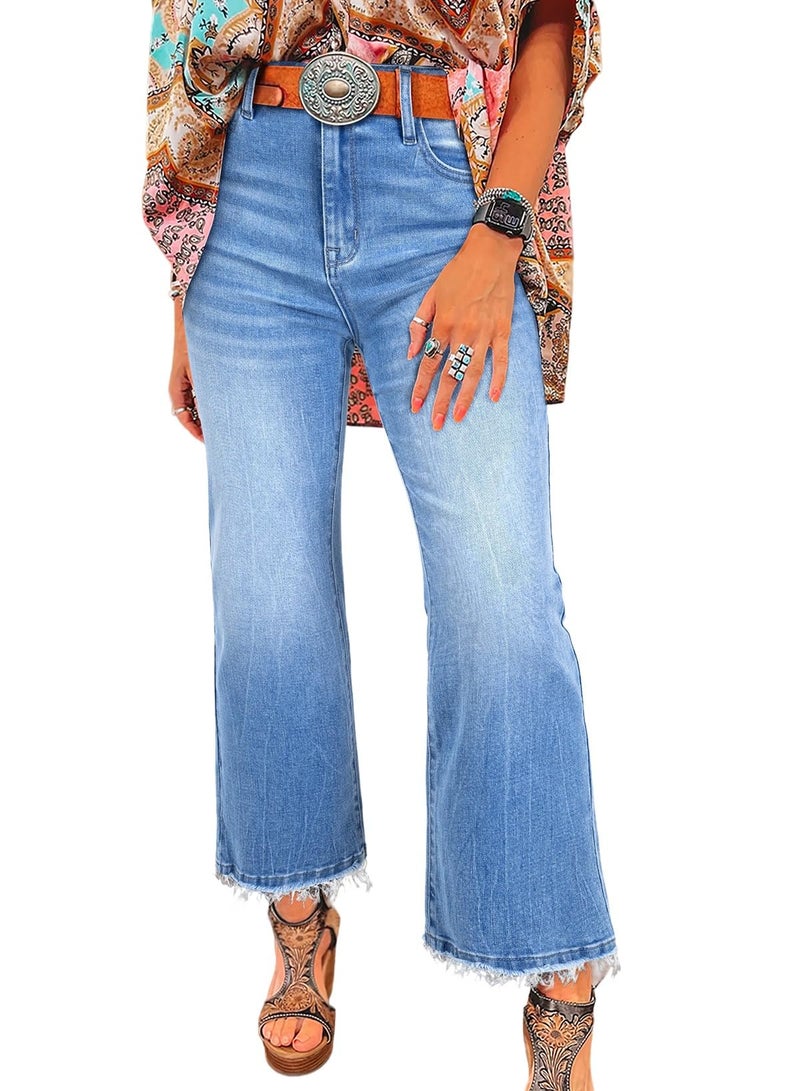 Astylish Womens Pull On Jeans High Waisted Flared Wide Leg Baggy Jean for Women Stretch Ankle Denim Pants Size 6 Ashleigh Blue - Image 1