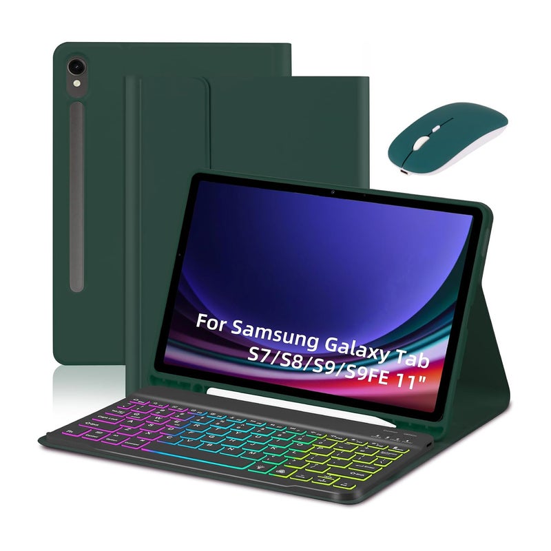 Tablet Case Bluetooth Keyboard and Mouse Kit for Samsung Galaxy Tab S7 S8S9 S9FE 11 Tablet Keyboard Stand Model with Pen Slot Colourful Backlit Bluetooth Keyboard + Mouse + Protective Case - Image 1