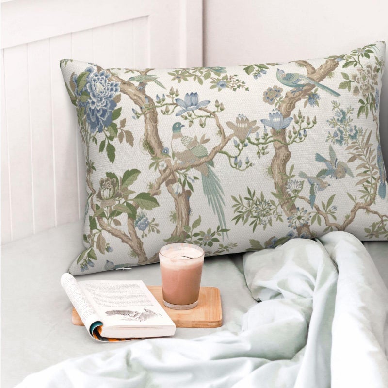 GOLIANDA Blue Green Floral Bird Pillow Covers 12x20 Set of 2 Chinoiserie Throw Pillows Green Vintage Flowers Bird Decorative Pillow Cases Outdoor Farmhouse Lumbar Decor Cushion Case for Couch Sofa - Image 2