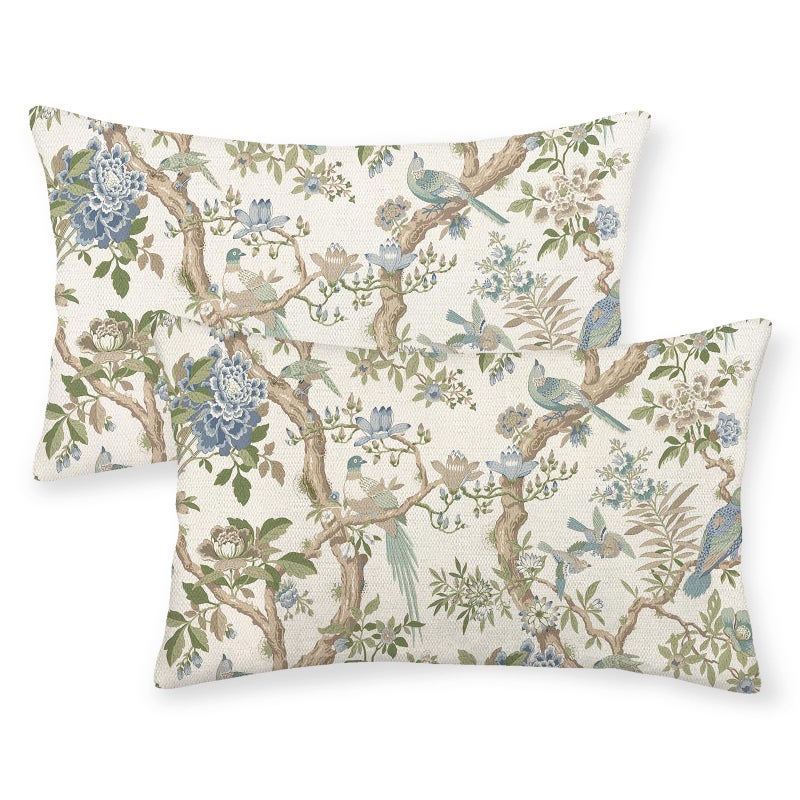 GOLIANDA Blue Green Floral Bird Pillow Covers 12x20 Set of 2 Chinoiserie Throw Pillows Green Vintage Flowers Bird Decorative Pillow Cases Outdoor Farmhouse Lumbar Decor Cushion Case for Couch Sofa - Image 1