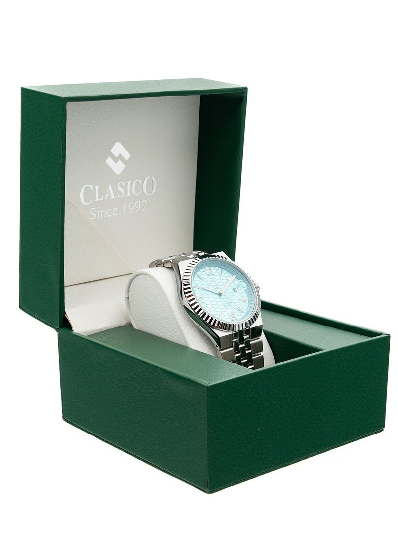 Clasico ساعة يد أنالوج من الفولاذ المقاوم للصدأ للرجال - قرص تيفاني الأزرق | مقاومة للماء حتى 10 أمتار | حزام معدني أنيق - Image 5
