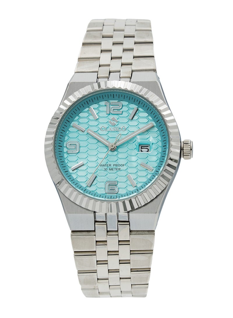 Clasico ساعة يد أنالوج من الفولاذ المقاوم للصدأ للرجال - قرص تيفاني الأزرق | مقاومة للماء حتى 10 أمتار | حزام معدني أنيق - Image 1
