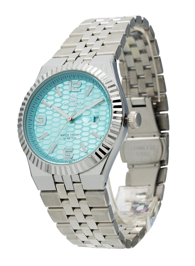 Clasico ساعة يد أنالوج من الفولاذ المقاوم للصدأ للرجال - قرص تيفاني الأزرق | مقاومة للماء حتى 10 أمتار | حزام معدني أنيق - Image 2