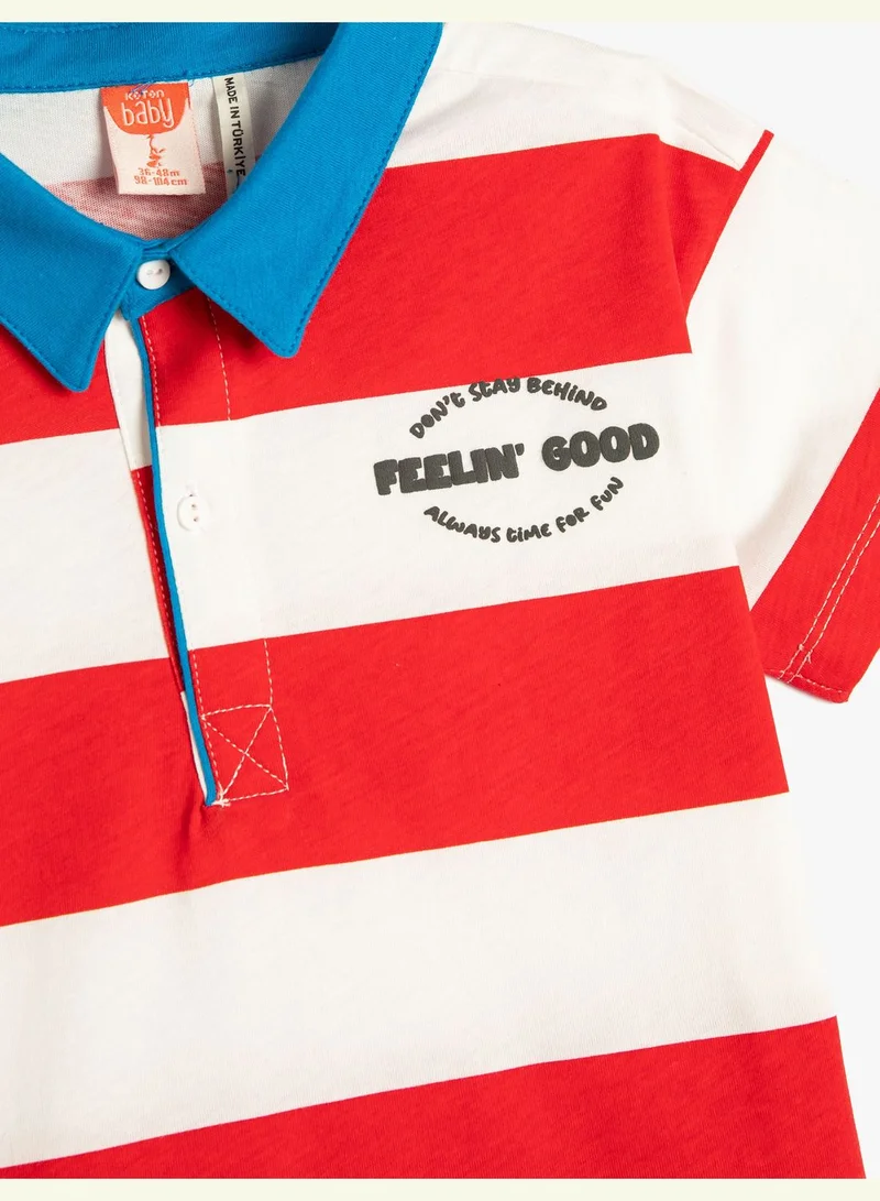 KOTON Striped T-Shirt Polo Neck Short Sleeve Cotton