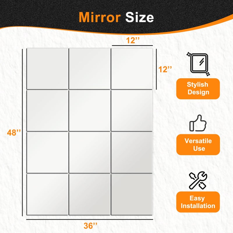 Delma Home Gym Mirrors, 12'' x 12'' Glass Mirror Tiles (12 PCS), Square Large Wall Mirror for Home Gym, Bedroom, Door,Bathroom, Frameless Mirror Sets - Image 3