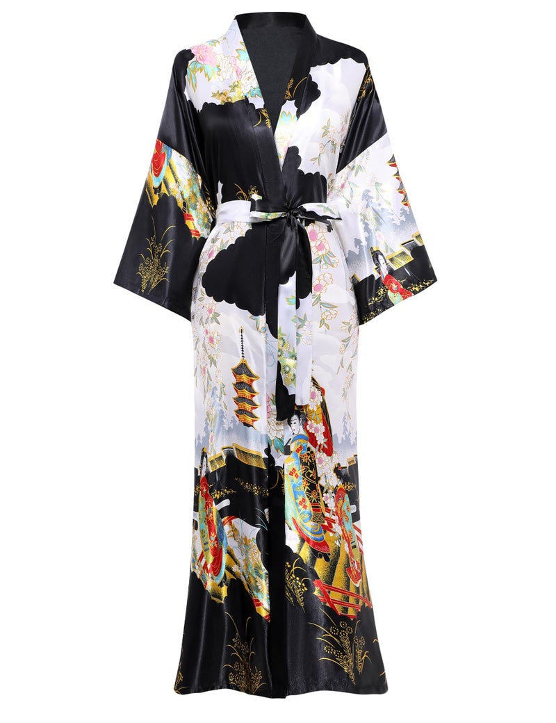 PRODESIGN Long Kimono Robe Satin Sleepwear Gradient Watercolor Silky Kimono Nightgown Bathrobe Kimono Blouse Cardigan - Image 1