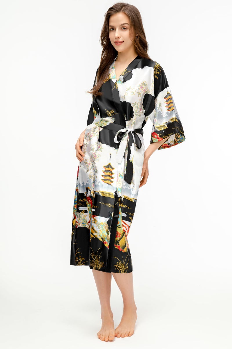 PRODESIGN Long Kimono Robe Satin Sleepwear Gradient Watercolor Silky Kimono Nightgown Bathrobe Kimono Blouse Cardigan - Image 3