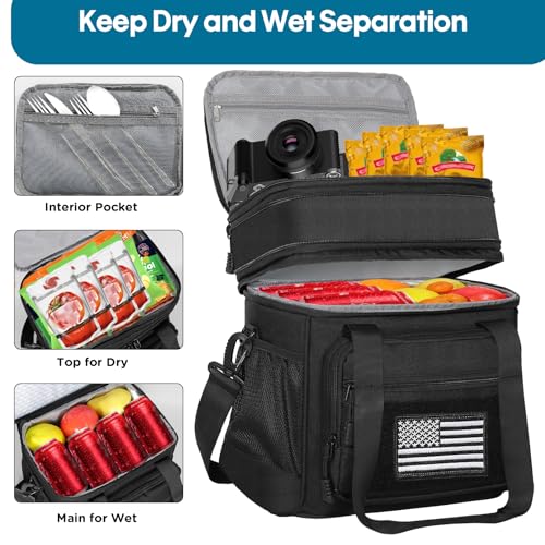 GLENKEY Double Deck Insulated Lunch Box, Expandable Large Lunch Bag Leakproof Cooler Bag Lunch Pail for Men Women Adults Work Shifts Travel Daytrip, 16L, Black - Image 2