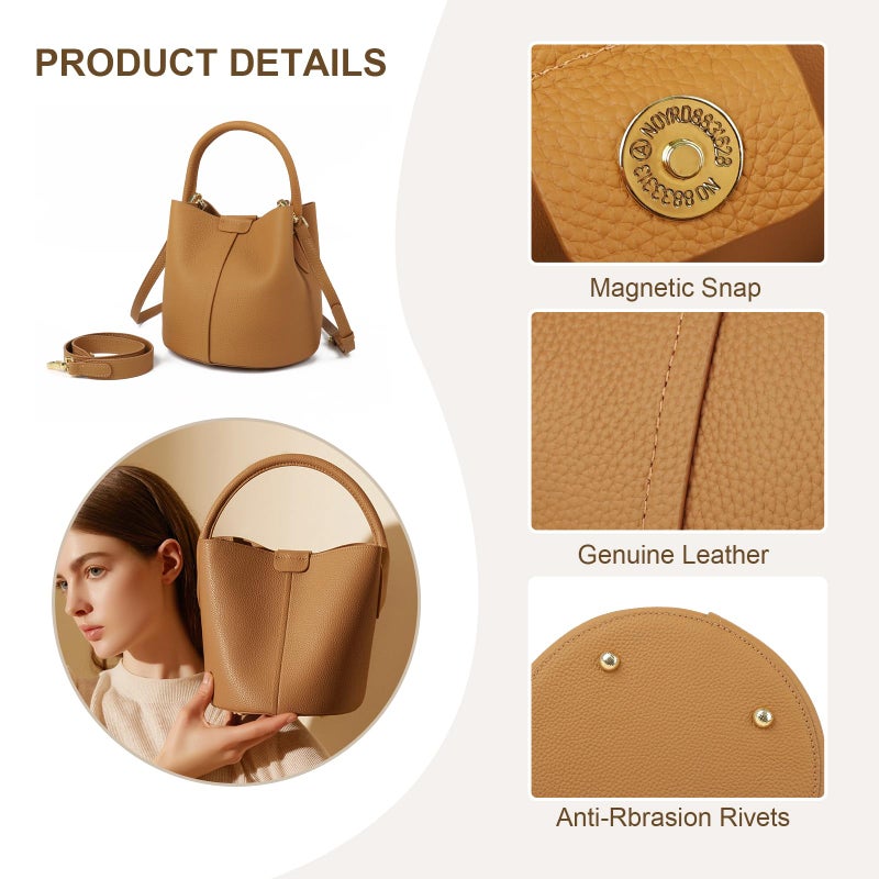 MoreFarther Bucket Bags for Women, Genuine Leather Crossbody Bags, Top-handle purses with an Adjustable Strap (Brown) - Image 4