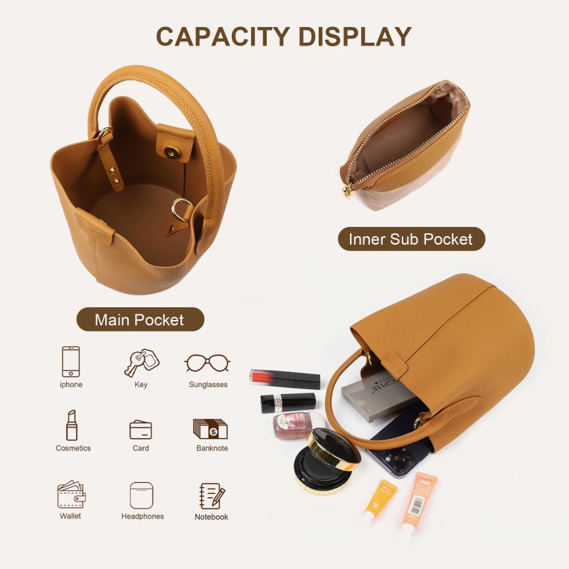MoreFarther Bucket Bags for Women, Genuine Leather Crossbody Bags, Top-handle purses with an Adjustable Strap (Brown) - Image 3