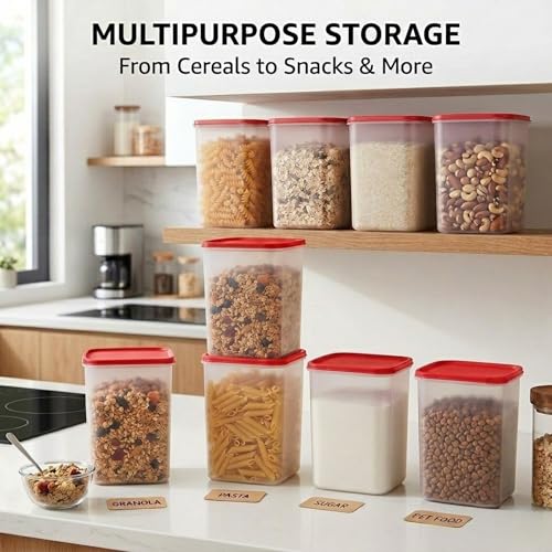 Mahaware Modular Square Plastic Kitchen Container Set, 5.5 litre, Set of 3, Red - Image 4