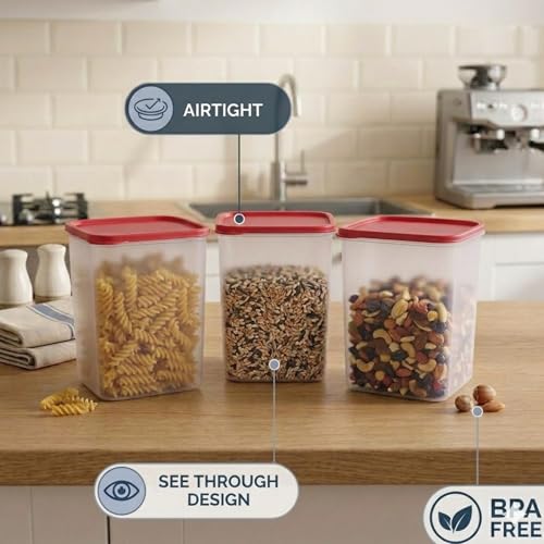 Mahaware Modular Square Plastic Kitchen Container Set, 5.5 litre, Set of 3, Red - Image 2