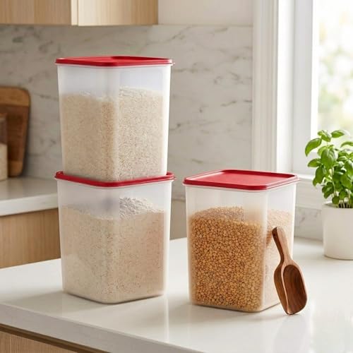 Mahaware Modular Square Plastic Kitchen Container Set, 5.5 litre, Set of 3, Red - Image 1