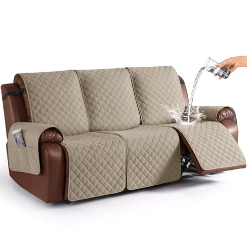 KinCam Waterproof Recliner Sofa Cover NonSlip Reclining Couch Covers for 3 Seat Recliner Couch Cover Furniture Protector with Elastic Straps for Pets Kids Khaki