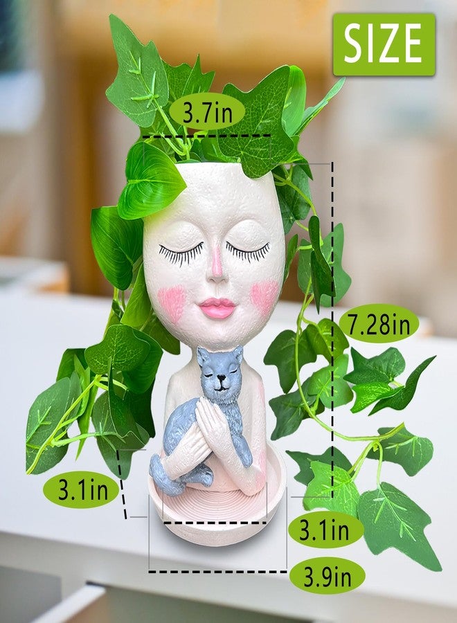 asdfg Face Plant Pot Head Planters - Cute Lady Succulent Plants Pots with Hugging Gray Cat for Indoor Outdoor Decorations, Resin Head Planter with Drainage Hole, Unique Vase Great Gifts for Family Friends - Image 4