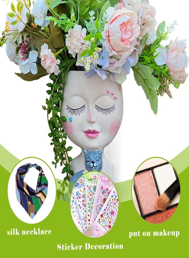 asdfg Face Plant Pot Head Planters - Cute Lady Succulent Plants Pots with Hugging Gray Cat for Indoor Outdoor Decorations, Resin Head Planter with Drainage Hole, Unique Vase Great Gifts for Family Friends - Image 2