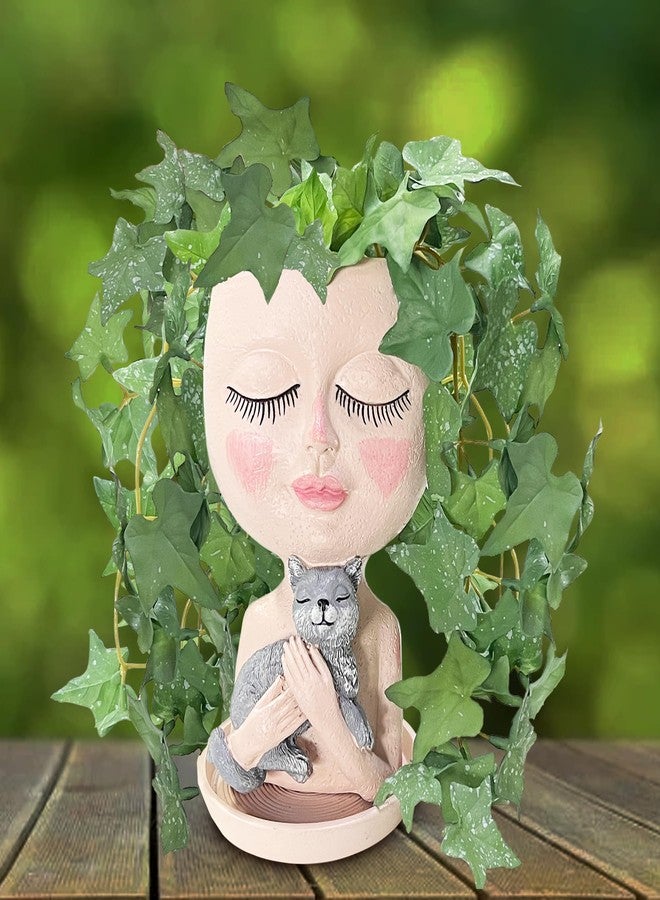 asdfg Face Plant Pot Head Planters - Cute Lady Succulent Plants Pots with Hugging Gray Cat for Indoor Outdoor Decorations, Resin Head Planter with Drainage Hole, Unique Vase Great Gifts for Family Friends - Image 1