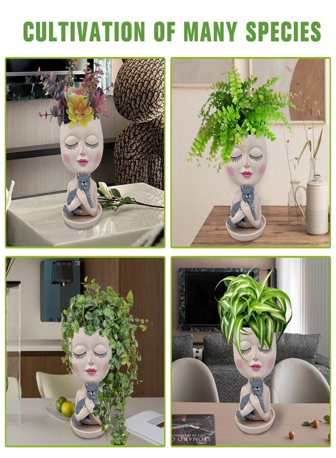 asdfg Face Plant Pot Head Planters - Cute Lady Succulent Plants Pots with Hugging Gray Cat for Indoor Outdoor Decorations, Resin Head Planter with Drainage Hole, Unique Vase Great Gifts for Family Friends - Image 5