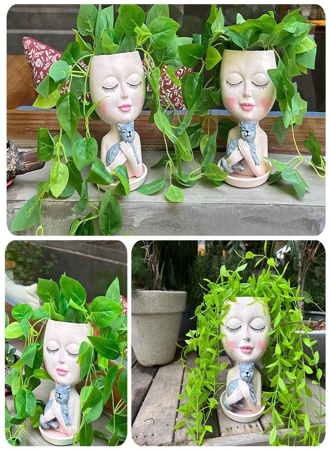 asdfg Face Plant Pot Head Planters - Cute Lady Succulent Plants Pots with Hugging Gray Cat for Indoor Outdoor Decorations, Resin Head Planter with Drainage Hole, Unique Vase Great Gifts for Family Friends - Image 3